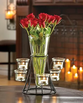 $31.80 • Buy Black Iron Candelabra Candle Holder Flower Glass Vase Wedding Table Centerpiece