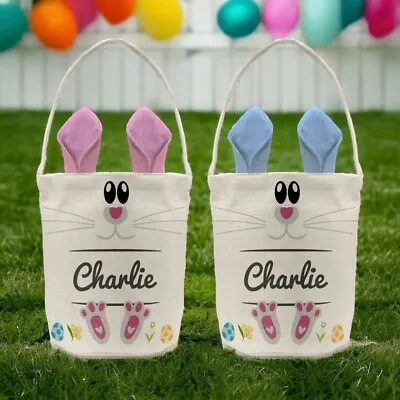 Personalised Linen Easter Egg Hunt Basket Tub Bag With Name - Blue & Pink • £9.95