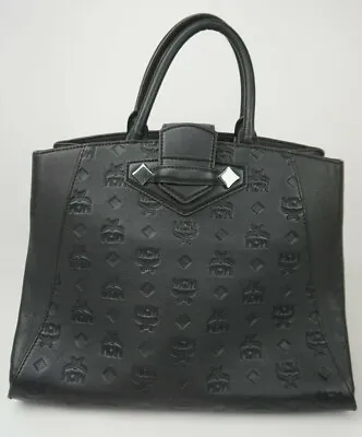 MCM Essential Monogram Leather Satchel Black Crossbody Strap Bag • $275