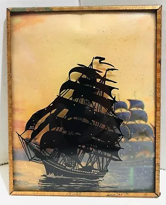 Vintage Reverse Painted Clipper Ship Convex Bubble Glass Small Framed Silhouette • $21.25