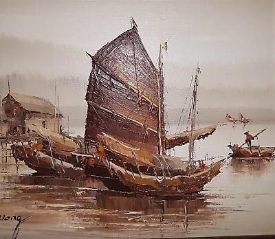 P. Wong Original Acrylic/oil  Chinese Junk Boats Seascape Scene  • $150