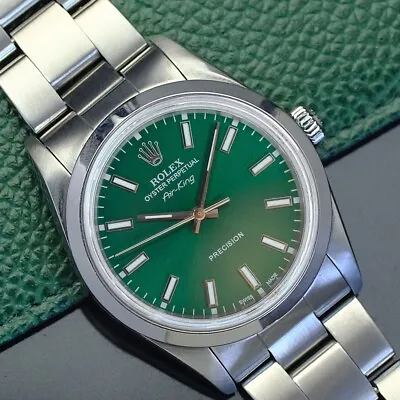 Rolex Mens Air-king Steel Watch 34m Green Dial Smooth Bezel Oyster Band 14000 • $4276.09