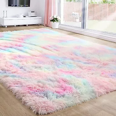 $19.49 • Buy Rainbow Fluffy Rugs For Kids Shag Carpet For Nursery 4 Sizes