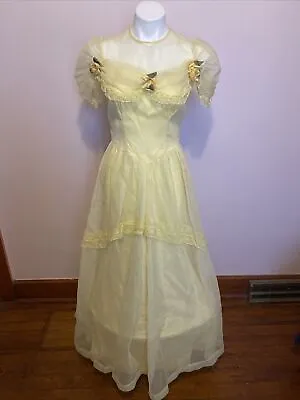 VTG Southern Belle Yellow Lace V Waist Gown Hoop Dress Sheer Puff Cap Sleeve S/M • $100