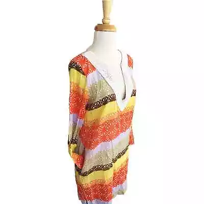 Echo Design Beach Tunic Dress Coverup Beaded Striped 100% Cotton V-Neck M NWT • $49