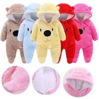 Newborn Baby Romper Jumpsuit Boy Girl Kids Bear Hooded Bodysuit Winter Outfits • £14.99