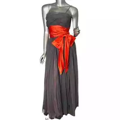 Vintage 1950s Smoke Grey Tulle Gown With Orange Satin Sash Small • $160