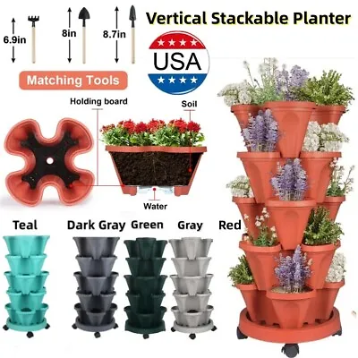 Vertical Planter 3-7 Tier Stackable Planters W/ Wheels & Tools Garden Tower Pot • $20.86