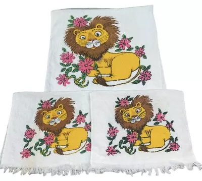 Vintage Cannon Jungle LION Towel Set Lot WHITE  Bath Hand Towel Cotton Kids Boho • $39.97