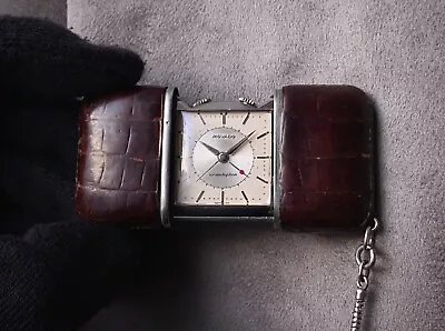 Rare 1950s Movado Ermetophon Steel Travelling Alarm Watch Croc Leather On Chain • $1231.67