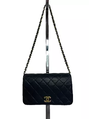 Vintage CHANEL Black Lambskin Leather Matelasse Single Flap Shoulder Bag • $1899.99