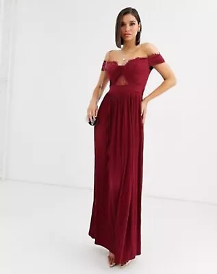 ASOS Design Premium Pleated Off Shoulder Maxi Pleated Bardot Dress Oxblood • $45