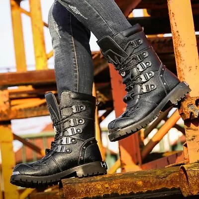 Motorcycle Boots Punk Boots Warm Knight Black Desert Combat Tactical Steel Toe • $68.87