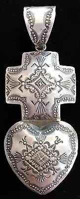 Navajo Vincent Platero Sterling Silver Pendant Concho Cross & Heart 5.25  LARGE • $359.99