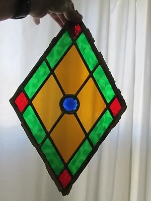 Vintage Stained Glass Triangle Window Piece With Center Gem 10 X16  • $98.80