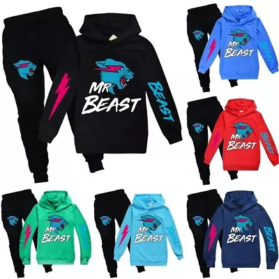 Kids Mr Beast Lightning Cat Casual Hoodie Jumper+Pants Suit Tracksuit Sets 2-14Y • £8.63