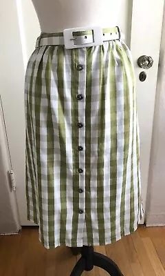 Modcloth Skirt Womens 12 Green White Checked Midi Button Front Belted • $20.99