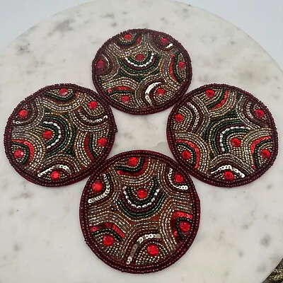 Mackenzie Childs Set Of 4 Savay Holiday Beaded Coasters Red Green Gold • $79.99