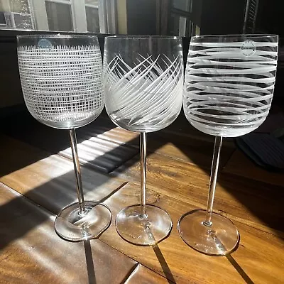RARE Salviati Venetian Crystal Wine Glasses Goblet Set Of 3 Clear Etched Frosted • $220