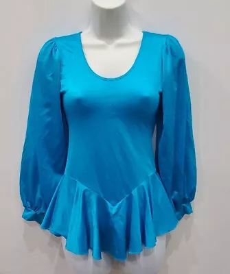 Vtg 80s Womens Metallic Blue Puff Long-Sleeve Ruffled Leotard Sz Small  • $28.99