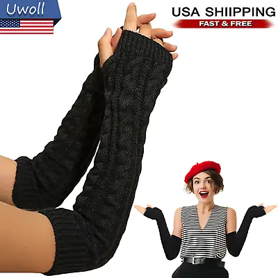 $7.84 • Buy Women Long Cable Knitted Gloves Lady Fingerless Thermal Arm Wrist Warmer Mittens