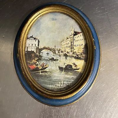 VTG Art Print Venice Oval Framed Blue Gold Made Italy Plastic Glass Traditional • $16.95