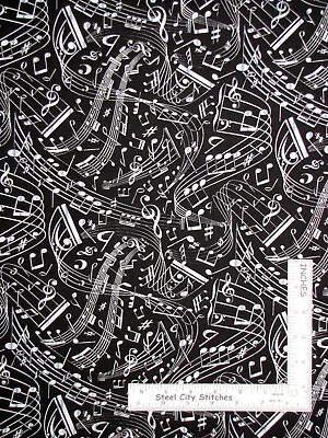 Music Notes Scale G Clef Black Cotton Fabric Timeless Treasures C7587 By Yard • $10.68