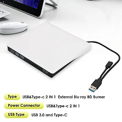 £65.45 • Buy USB&Type-c 2 IN 1 External Blu Ray Disc Writer + Reader BD CD DVD Drive USB/3.0