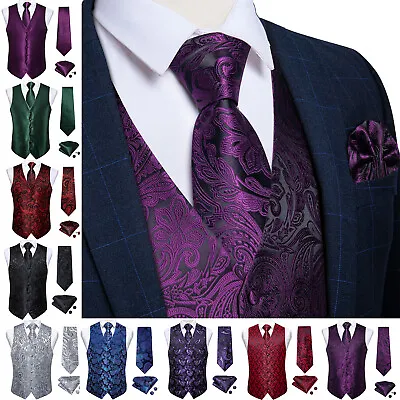 Mens Waistcoat Purple Blue Paisley Christmas Vest Suit Tie Set Hanky Wedding 3XL • $23.99