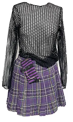 £39.99 • Buy 3 Pcs Girls Punk Gothic Outfit Pur Tartans Skirt With Top & Gloves  Uk10/12 SM
