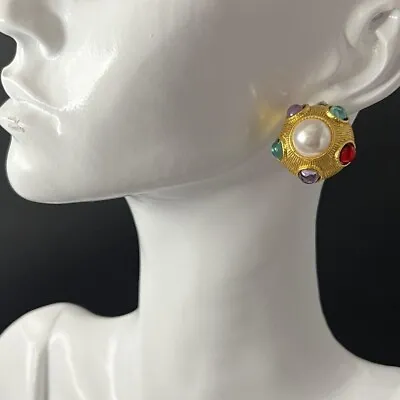 Mogul Cabochon Dome Earrings Faux Pearl Gold Multicolor Jelly Belly Pierced • $6.29