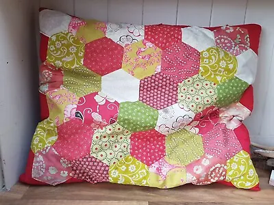 Vintage Style Floral Patchwork  Quilt Handmade Large Cushion W Filling Red Green • £10