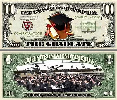Graduate Cap Million Dollar Bill Play Funny Money Novelty Note +FREE SLEEVE • $1.69
