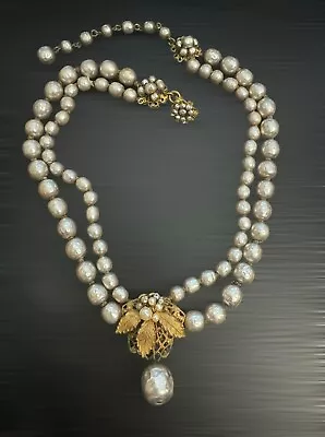 Sign Miriam Haskell Pearl Hanging Baroque Necklace Jewelry Vintage Filigree • $195