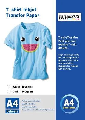 5 A4 T SHIRT TRANSFER PAPER IRON ON Dark FABRICS HEAT PRESS INKJET PRINT 200gsm • £5.99