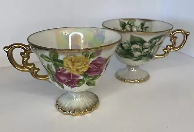 Lily Of The Valley Rose Japan Lusterware Ucagco 1950 Pedestal 2 Teacups MAY JUNE • $15