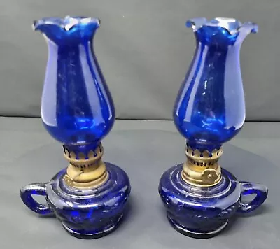 Oil Lamps X 2 Vintage Blue Glass Hand Held • £33.99
