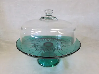 Vintage Teal Green Aqua CAKE PEDESTAL PLATE STAND W/ CLEAR GLASS DOME  • $159.99