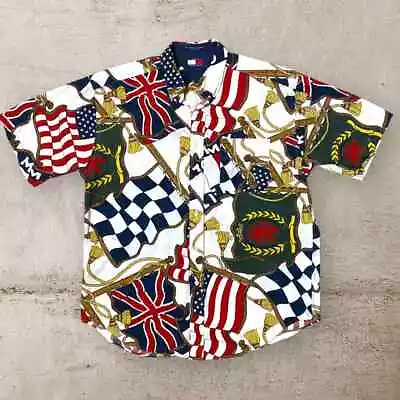 Vintage Tommy Hilfiger All Over Print Button Down Shirt Flag Logo Size Large • $48