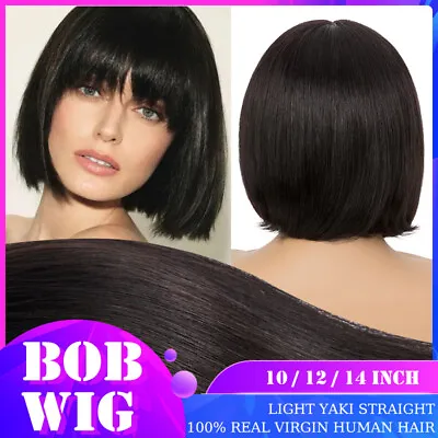 Light Yaki Straight 100% Remy Human Hair Lace Wigs Bob Wig With Blunt Cut Bangs • $55.11