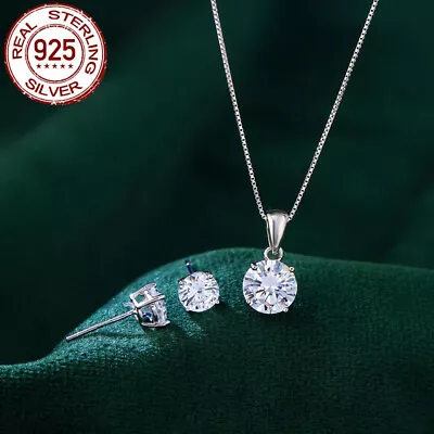 8mm 925 Sterling Silver CZ Solitaire Round Stud Earrings Necklace Jewelry Set  • $10.82