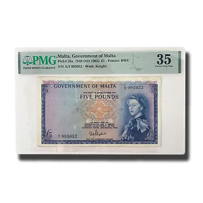 PMG 35 Choice Very Fine Malta Banknote PICK 26a 1949 5 Pound A/4 995052 • $285