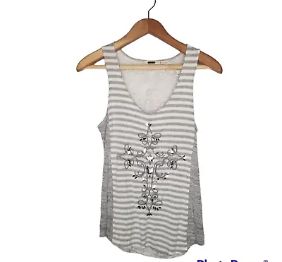 Miss Me Womens Tank Top Size Large Embellished Shirt Lace Back Sheer Gray Stripe • $11.47