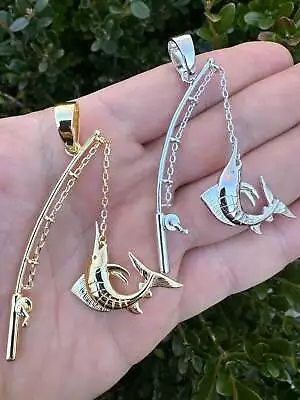 Real Large Mens 925 Silver / Gold Fishing Pendant Rod & Marlin Fish Necklace • $68.99