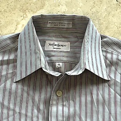 YSL Yves Saint Laurent Mens Shirt 15 32 33 Striped Button Up Dress 90s • $45