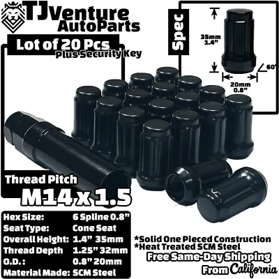 $20.99 • Buy 20 Black 1.4  14x1.5 Tuner Spline Lug Nut+Key Grand Cherokee Wrangler Gladiator