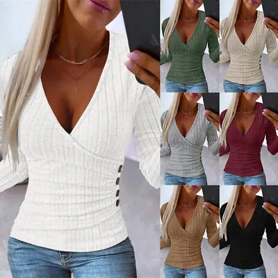 Women Long Sleeve Knitted V Neck Long Sleeve Solid Pullover T-shirts Blouse Top • £10.99