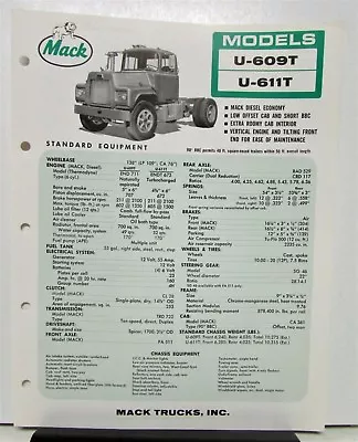 1965 Mack Truck Model U 609T & U 611T Specification Sheet • $12.17