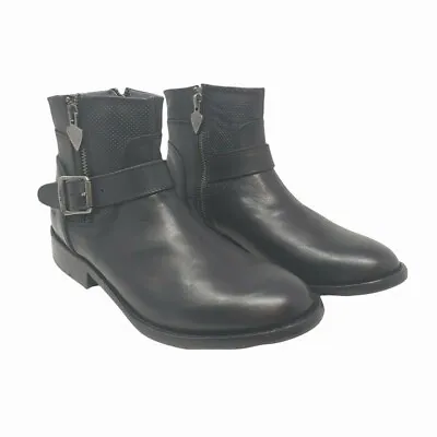 Mark Nason Black Leather Booties Size 7.5 Side Zipper Buckle Detail Heart Charm • $54.95