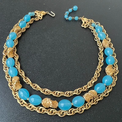£19.01 • Buy A985 Signed CROWN TRIFARI Vintage Blue Glass Bead Gold Tone Chain Link Necklace